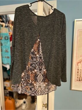 Style & Co. Charcoal Long-Sleeve Top with Printed Back Panel